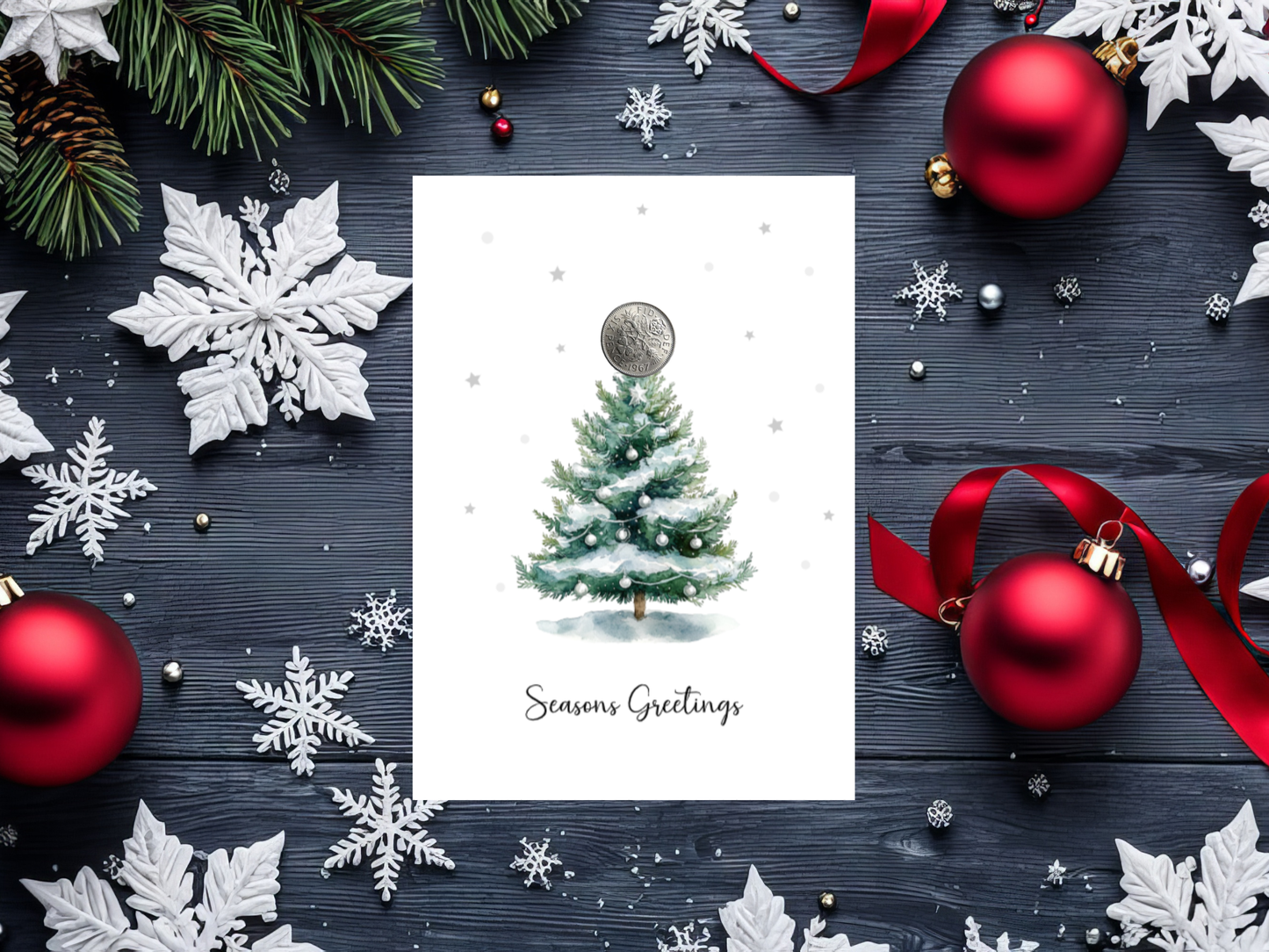 Seasons Greetings Christmas Card with Real Sixpence