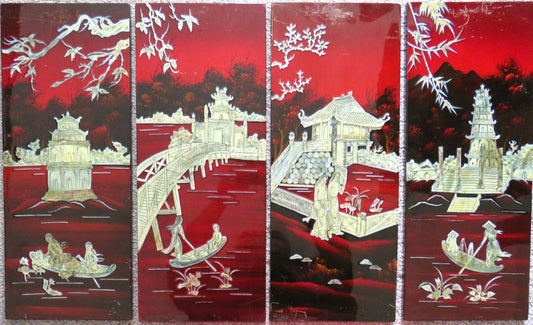 Four-panel artwork with Chinese-style architecture and landscapes on a red background