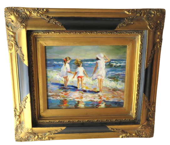 Vintage Decorative Oil Painting Of Children Playing On Beach & Sea