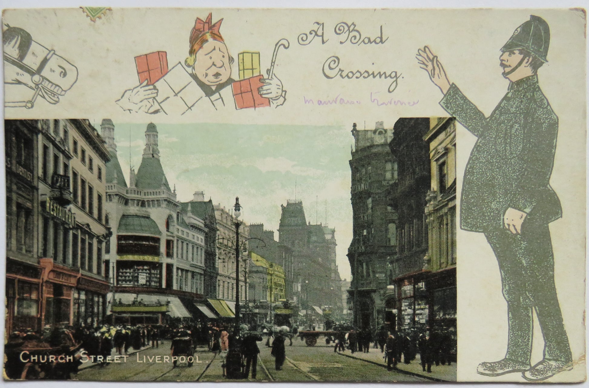 Vintage illustrated postcard or print showing a London street scene labeled 'Church Street Liverpool' with a large cartoon policeman beside a real street photograph and a top panel reading 'A Bad Crossing' with a caricature holding red blocks.