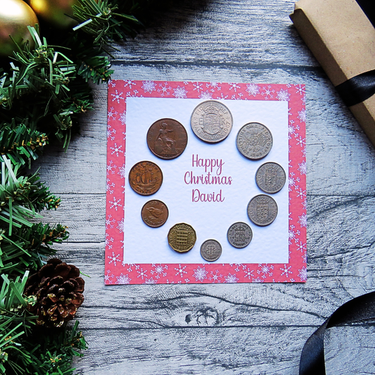 Mounted Personalised Pre-Decimal Christmas Coin Set with Festive Red Snowflake Design – Genuine British Coins