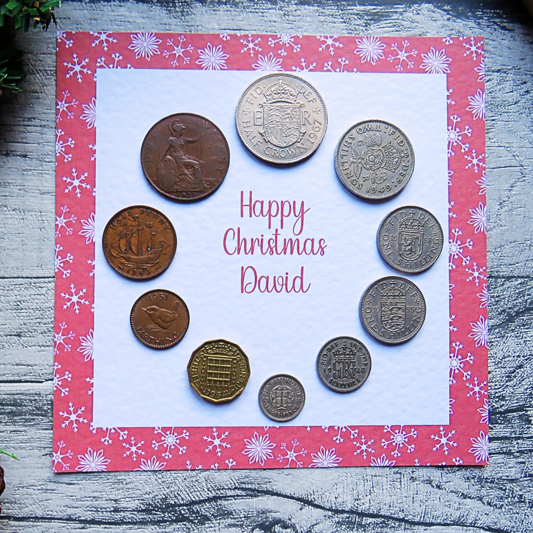 Mounted Personalised Pre-Decimal Christmas Coin Set with Festive Red Snowflake Design – Genuine British Coins
