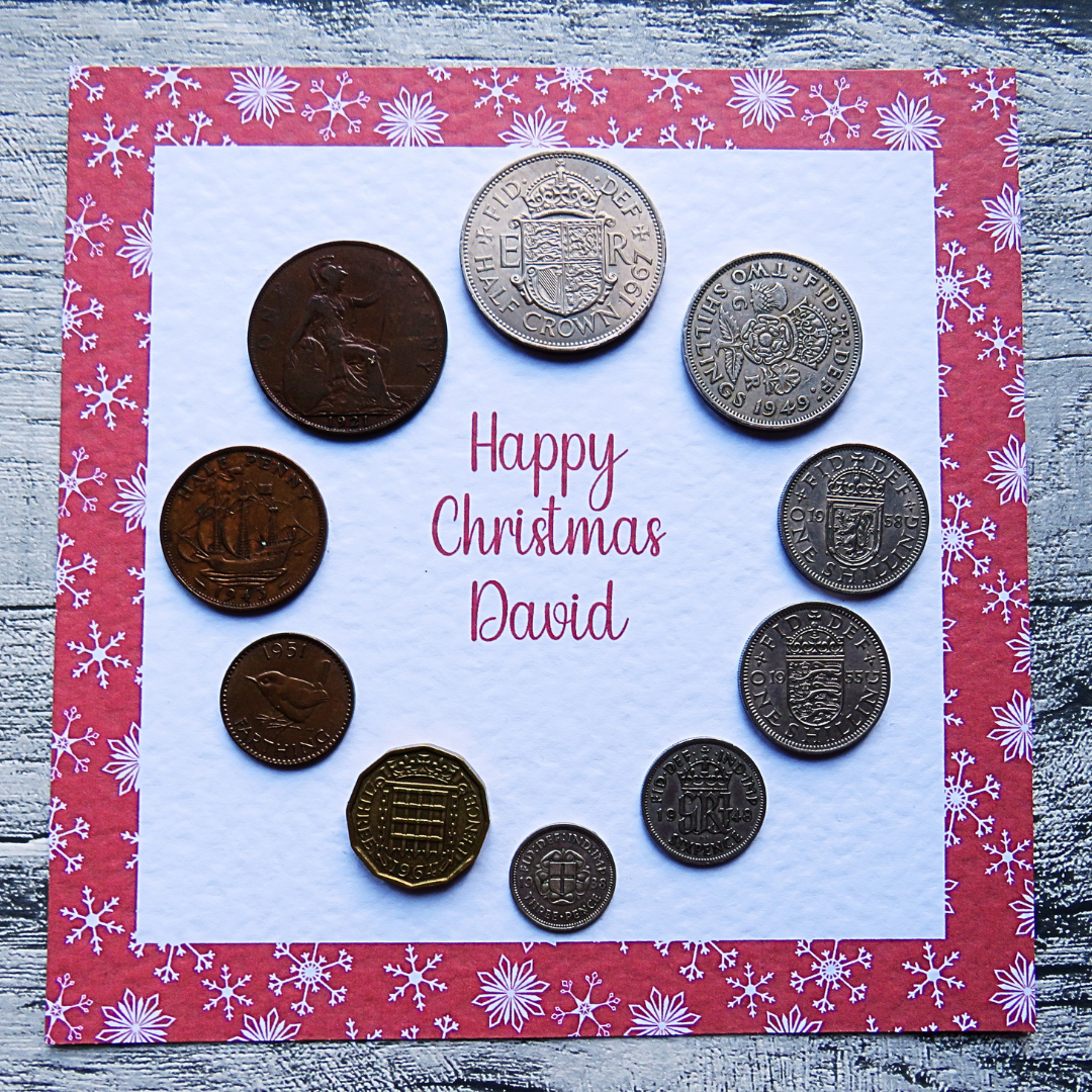 Mounted Personalised Pre-Decimal Christmas Coin Set with Festive Red Snowflake Design – Genuine British Coins