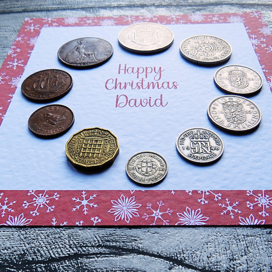 Mounted Personalised Pre-Decimal Christmas Coin Set with Festive Red Snowflake Design – Genuine British Coins