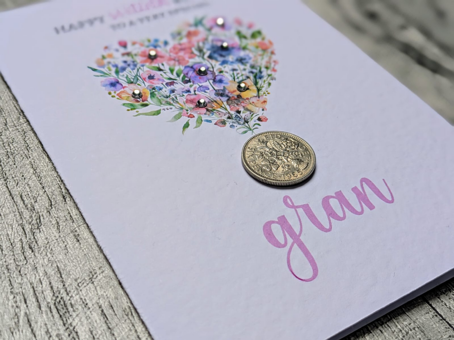 Floral Heart Birth Year Coin, Milestone Birthday Card (60th, 70th, 80th, 90th, 100th)