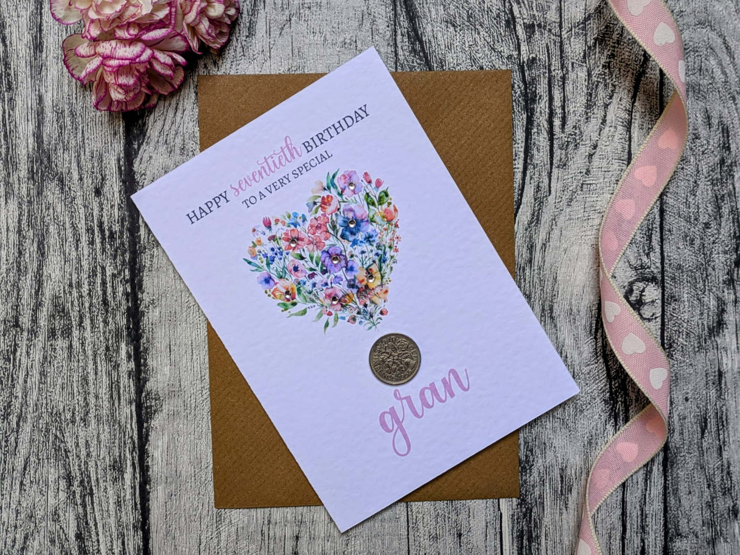 Floral Heart Birth Year Coin, Milestone Birthday Card (60th, 70th, 80th, 90th, 100th)