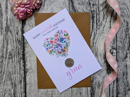 Floral Heart Birth Year Coin, Milestone Birthday Card (60th, 70th, 80th, 90th, 100th)
