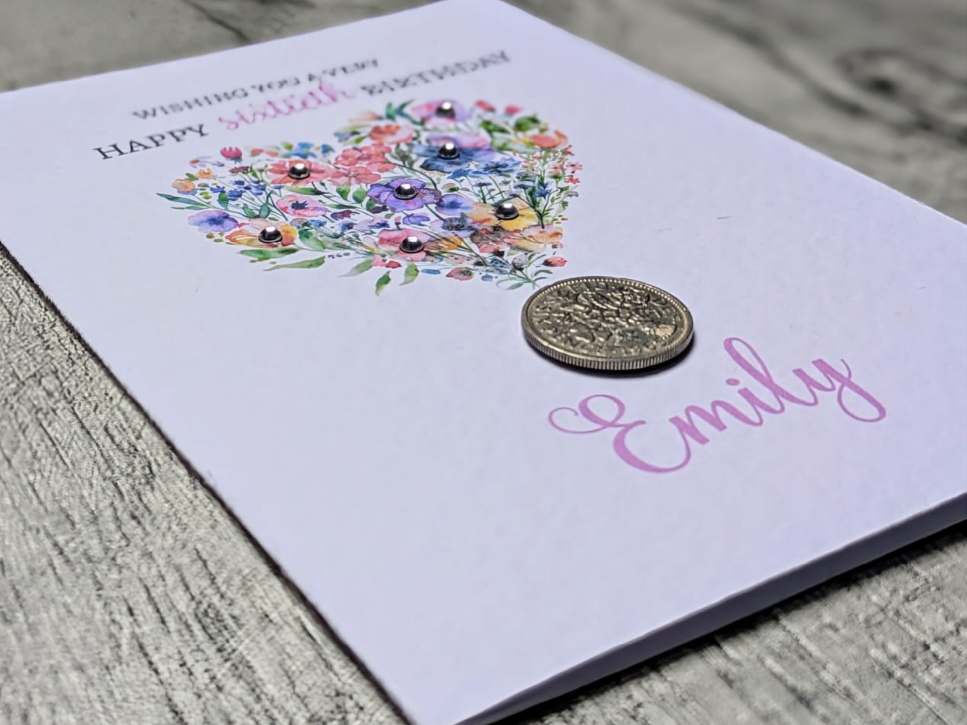 Floral heart 60th birthday card with real 1966 sixpence close up view of sixpence coin