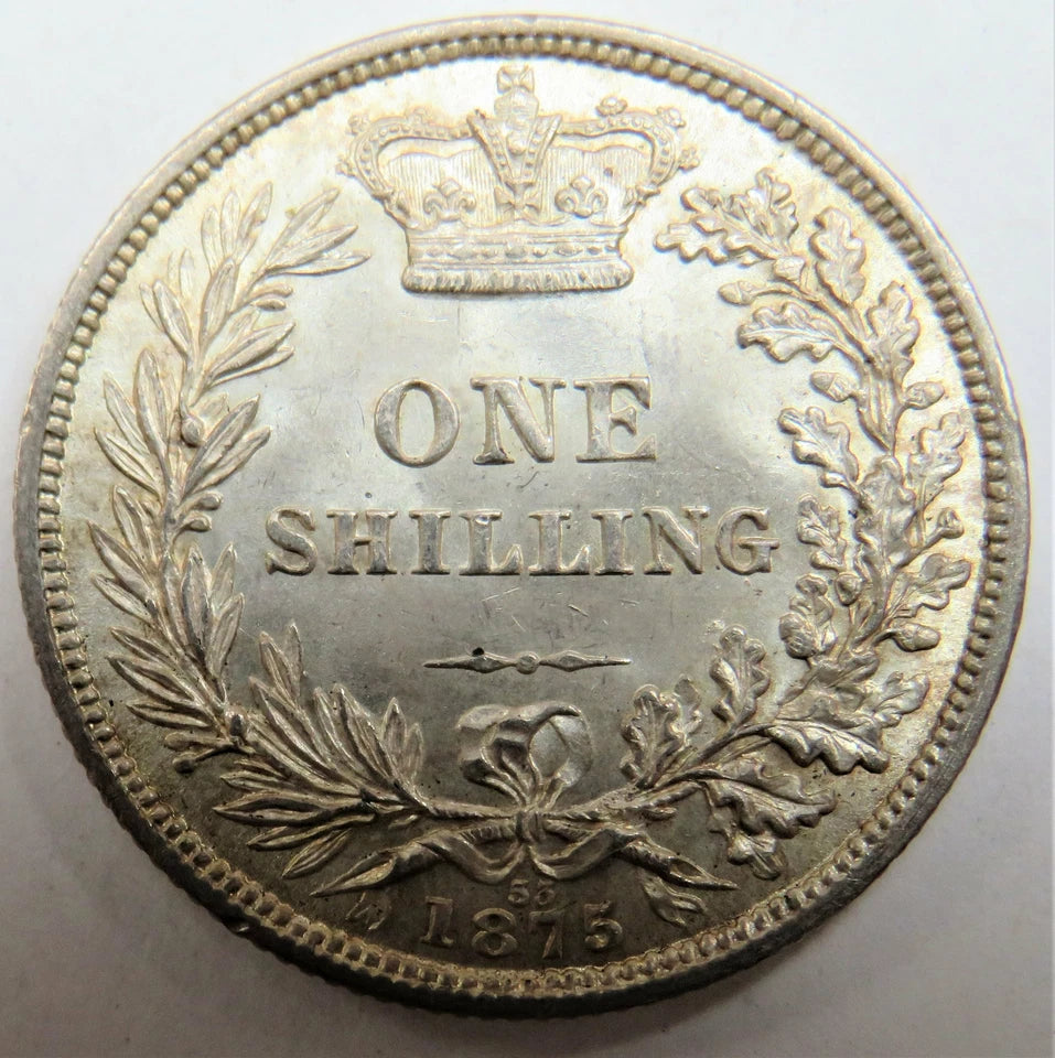 1875 Die - 53 Queen Victoria Young Head Silver Shilling Coin In High Grade