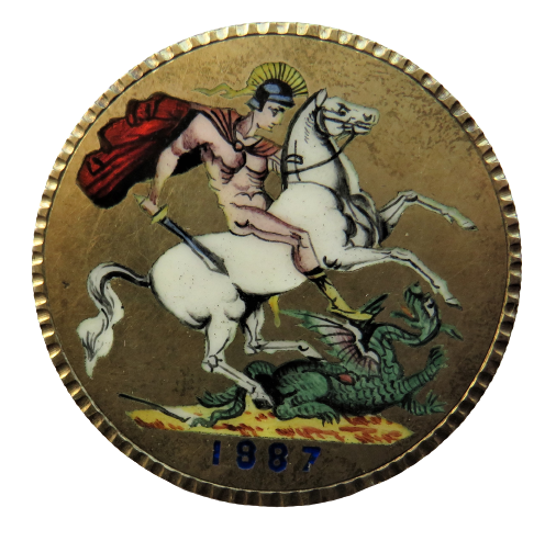A silver enamelled crown brooch featuring a figure on horseback trampling a dragon, with the date 1887 below.