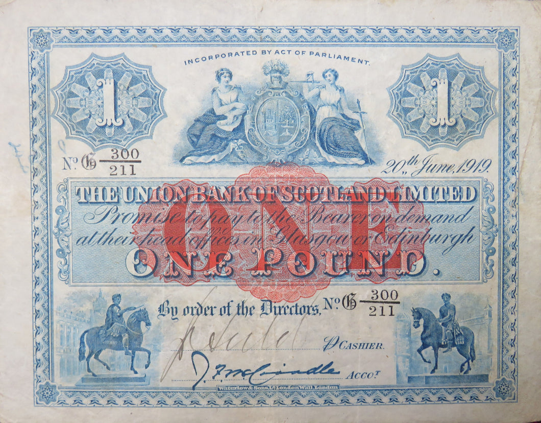1919 The Union Bank Of Scotland Limited £1 One Pound Banknote