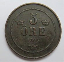 Load image into Gallery viewer, 1895 Sweden 5 Ore Coin
