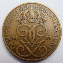 Load image into Gallery viewer, 1937 Sweden 5 Ore Coin
