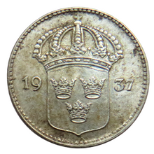 Load image into Gallery viewer, 1937 Sweden Silver 10 Ore Coin
