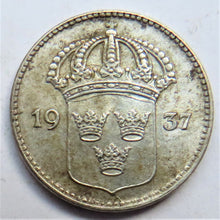 Load image into Gallery viewer, 1937 Sweden Silver 10 Ore Coin
