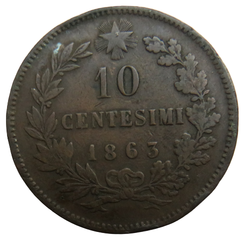 1863 Italy 10 Centesimi Coin