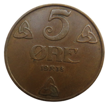 Load image into Gallery viewer, 1938 Norway 5 Ore Coin
