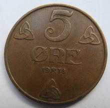 Load image into Gallery viewer, 1938 Norway 5 Ore Coin
