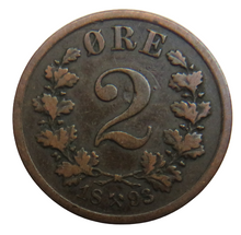 Load image into Gallery viewer, 1893 Norway 2 Ore Coin
