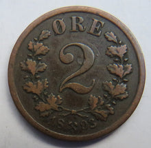 Load image into Gallery viewer, 1893 Norway 2 Ore Coin
