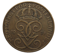 Load image into Gallery viewer, 1937 Sweden 5 Ore Coin
