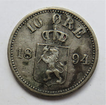 Load image into Gallery viewer, 1894 Norway Silver 10 Øre Coin
