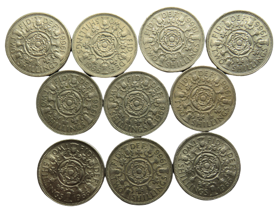 Bulk Lot of 10 1966 Queen Elizabeth II Florin / Two Shilling Coins