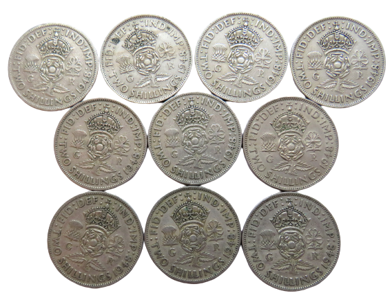 Bulk Lot of 10 1948 King George VI Florin / Two Shilling Coins