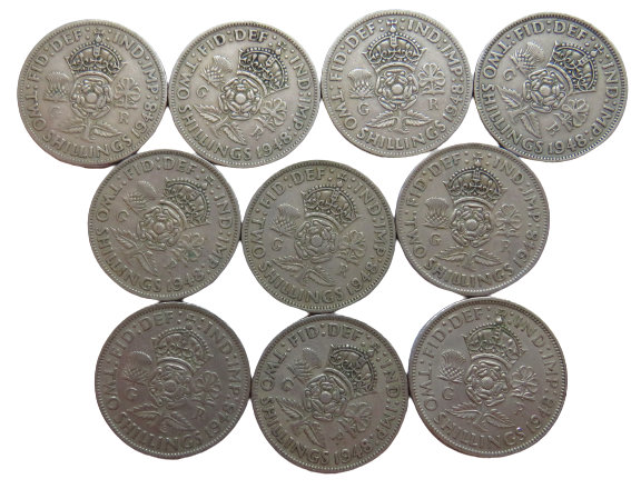 Bulk Lot of 10 1948 King George VI Florin / Two Shilling Coins