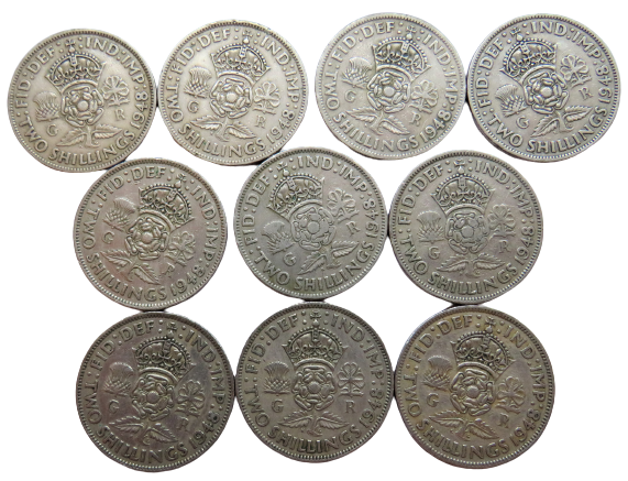 Bulk Lot of 10 1948 King George VI Florin / Two Shilling Coins