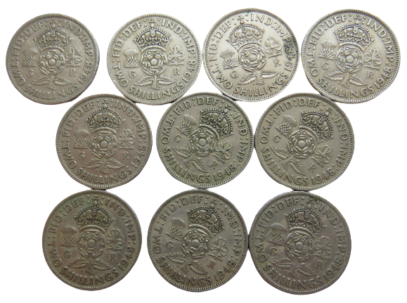 Bulk Lot of 10 1948 King George VI Florin / Two Shilling Coins