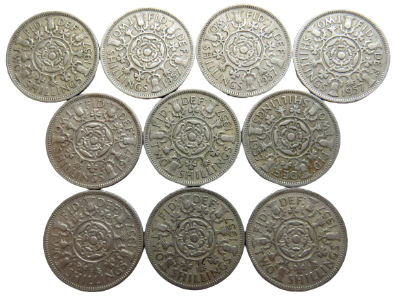 Bulk Lot of 10 1957 Queen Elizabeth II Florin / Two Shilling Coins