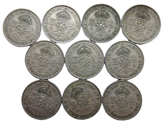 Bulk Lot of 10 1947 King George VI Florin / Two Shilling Coins