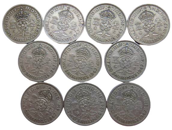 Bulk Lot of 10 1947 King George VI Florin / Two Shilling Coins