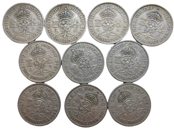 Bulk Lot of 10 1948 King George VI Florin / Two Shilling Coins