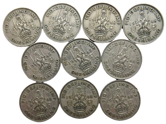 Bulk Lot of 10 1948 King George VI (Scottish) Shilling Coins