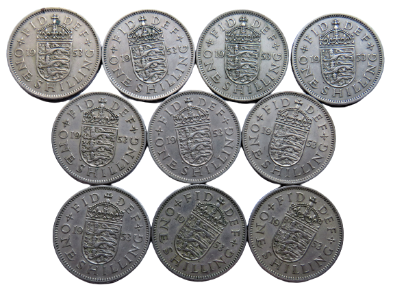 Bulk Lot of 10 x 1953 Queen Elizabeth II (English) Shilling Coins