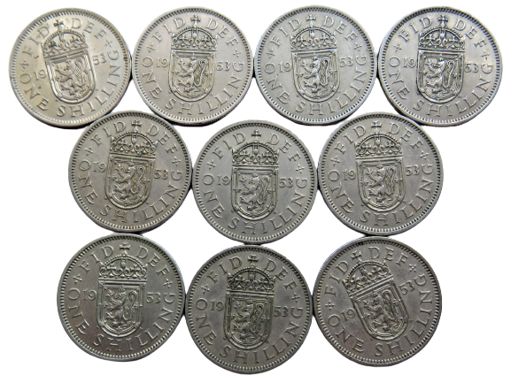 Bulk Lot of 10 x 1953 Queen Elizabeth II (Scottish) Shilling Coins