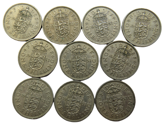 Bulk Lot of 10 x 1953 Queen Elizabeth II (English) Shilling Coins