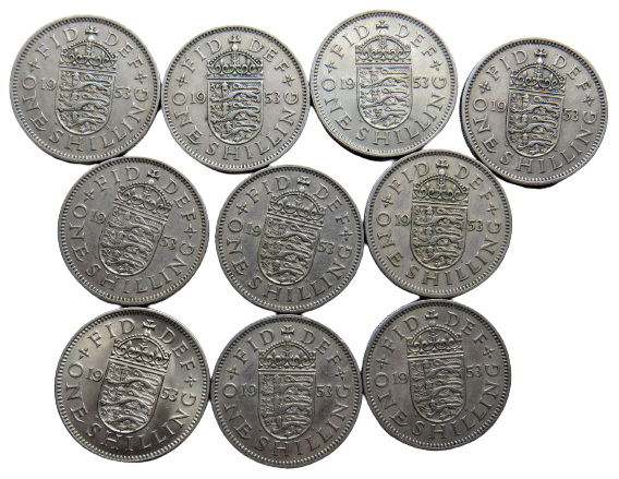 Bulk Lot of 10 x 1953 Queen Elizabeth II (English) Shilling Coins