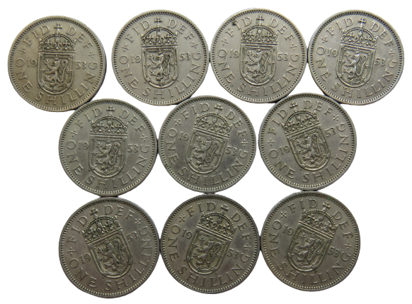 Bulk Lot of 10 x 1953 Queen Elizabeth II (Scottish) Shilling Coins