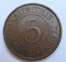 Load image into Gallery viewer, 1971 Queen Elizabeth II Mauritius 5 Cents Coin
