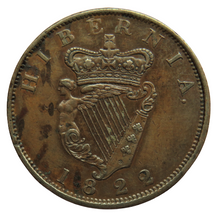 Load image into Gallery viewer, 1822 King George IV Ireland / Hibernia One Penny Coin
