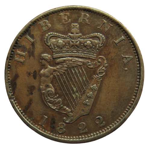 1822 King George IV Ireland / Hibernia One Penny Coin