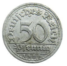 Load image into Gallery viewer, 1922-J Germany - Weimar Republic 50 Pfennig Coin
