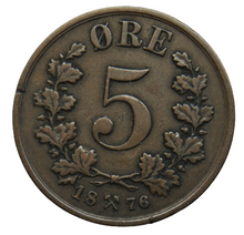 Load image into Gallery viewer, 1876 Norway 5 Ore Coin
