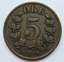 Load image into Gallery viewer, 1876 Norway 5 Ore Coin
