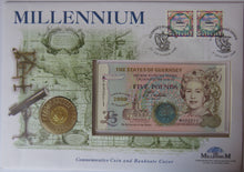 Load image into Gallery viewer, 1999 Guernsey £5 Coin, £5 Banknote &amp; Stamp Cover Millennium
