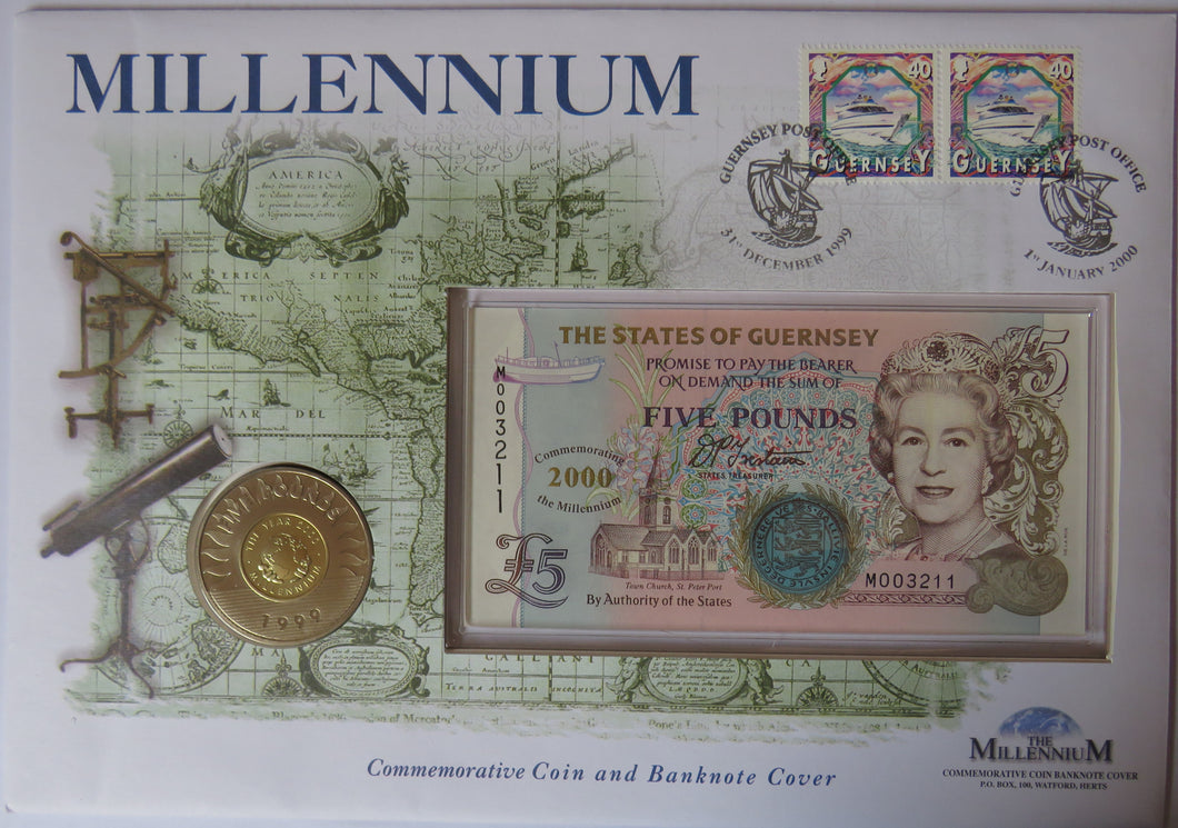 1999 Guernsey £5 Coin, £5 Banknote & Stamp Cover Millennium