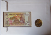 Load image into Gallery viewer, 1999 Guernsey £5 Coin, £5 Banknote &amp; Stamp Cover Millennium
